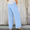 QWENTMTNTY Women Drawstring Pants Cotton Linen Wide Leg Palazzo Pants Elastic Waist Loose Comfy Oceanside Yoga Pants Trousers Blue view 3