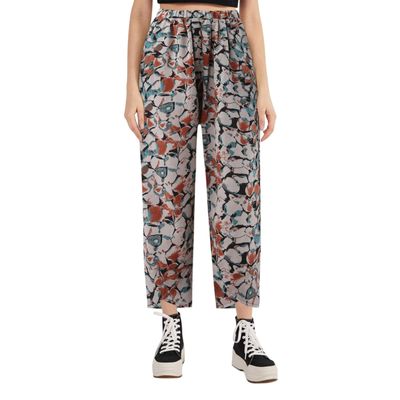 QWENTMTNTY Womens Casual Loose Fit Pants Elastic Waist Cotton Flower Printed Trouser Cropped Straight-Fit Wide Leg Pants Khaki
