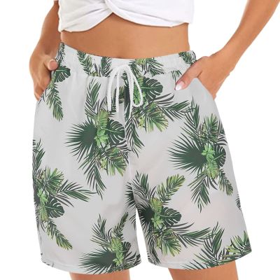 QWENTMTNTY Women's Casual Shorts Summer Comfy Hawaiian Beach Shorts Elastic Waist Floral Print Shorts Pajama with Pockets White