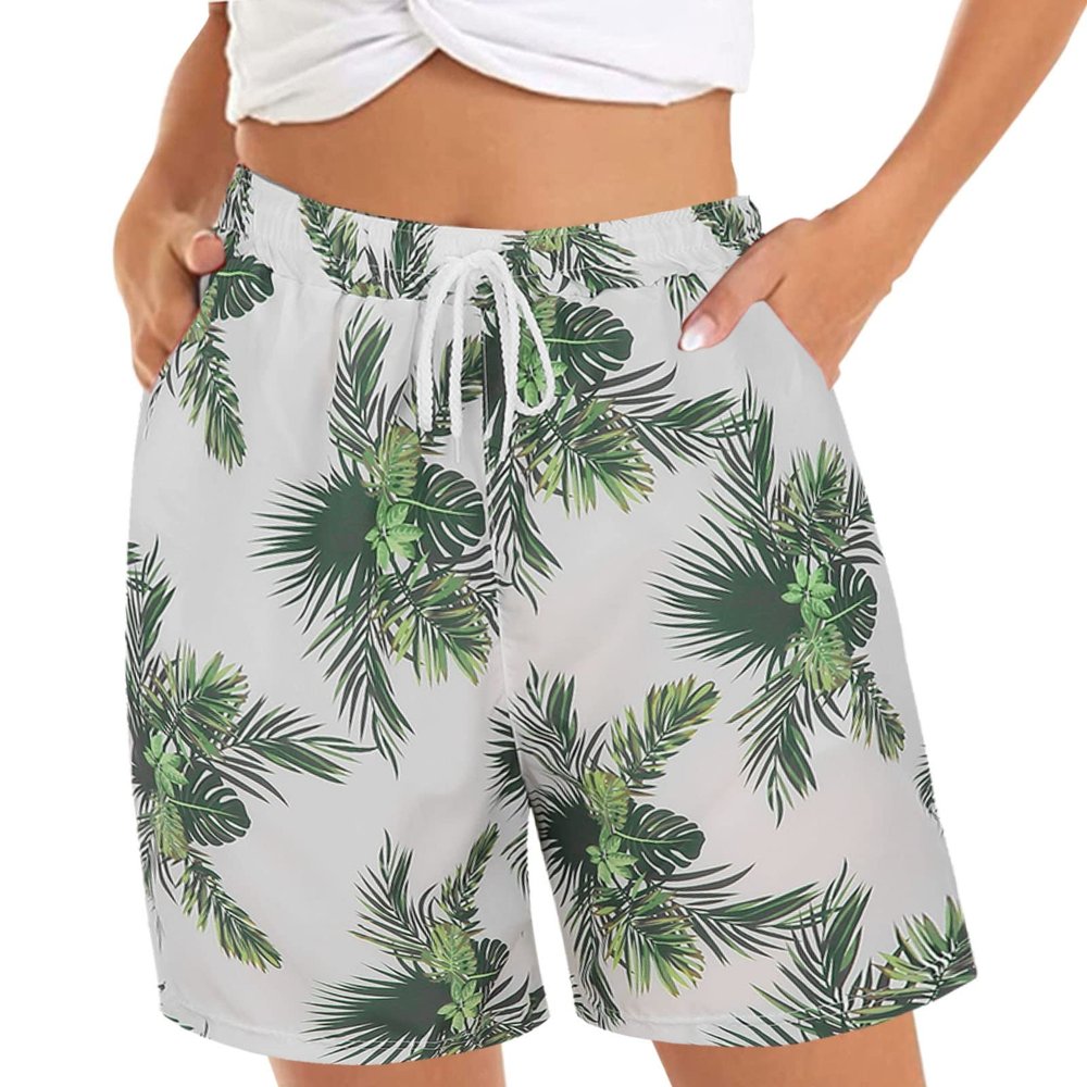 QWENTMTNTY Women's Casual Shorts Summer Comfy Hawaiian Beach Shorts Elastic Waist Floral Print Shorts Pajama with Pockets White