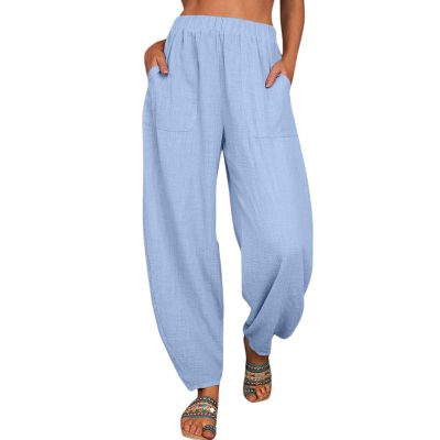 QWENTMTNTY Womens Lounge Pants Cotton Linen Casual Loose Baggy Tapered Drawstring Bottom Elastic High Waisted Trousers Pocket Blue