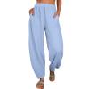 QWENTMTNTY Womens Lounge Pants Cotton Linen Casual Loose Baggy Tapered Drawstring Bottom Elastic High Waisted Trousers Pocket Blue view 1