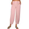 QWENTMTNTY Loose Pants for Women Casual Summer Cotton Linen Pants Cropped Elastic High Waisted Crop Capris Trousers Pockets Pink view 1