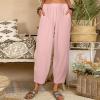 QWENTMTNTY Loose Pants for Women Casual Summer Cotton Linen Pants Cropped Elastic High Waisted Crop Capris Trousers Pockets Pink view 2