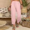 QWENTMTNTY Loose Pants for Women Casual Summer Cotton Linen Pants Cropped Elastic High Waisted Crop Capris Trousers Pockets Pink view 3
