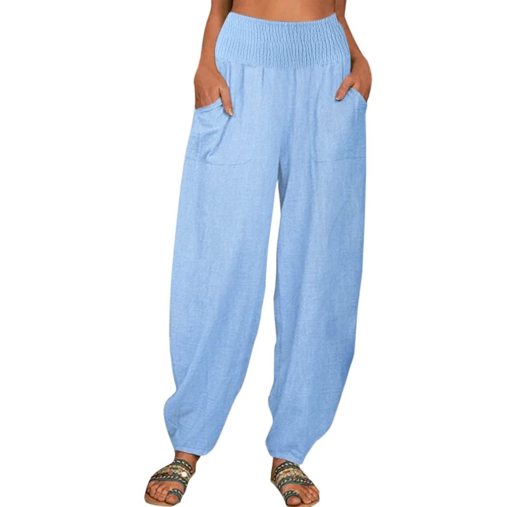 QWENTMTNTY Womens Tapered Pants Casual Drawstring Cotton Linen Palazzo Pants Elastic Waist Loose Comfy Yoga Pants Trousers Blue