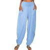 QWENTMTNTY Womens Tapered Pants Casual Drawstring Cotton Linen Palazzo Pants Elastic Waist Loose Comfy Yoga Pants Trousers Blue view 1