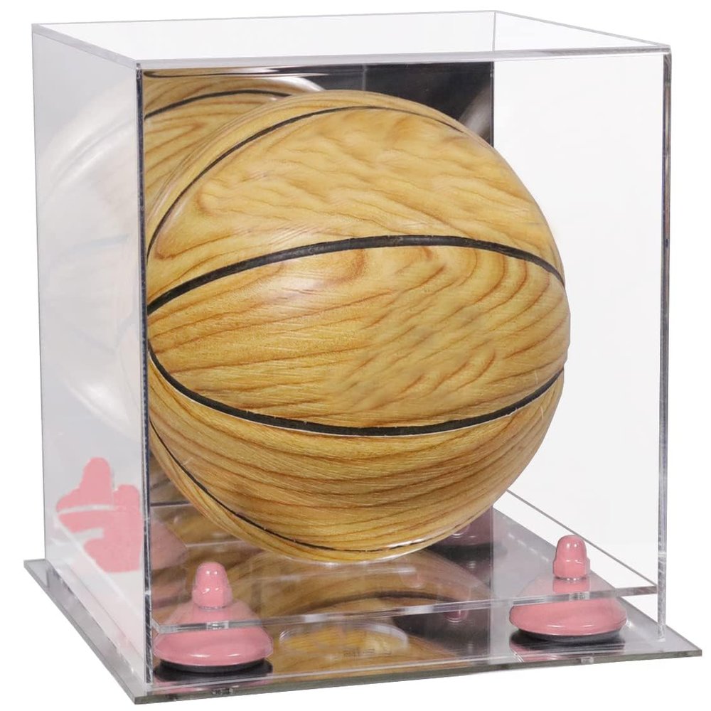 Better Display Cases Acrylic Mini - Miniature (not Full Size) Basketball Display Case with Mirror Case, Pink Risers and Mirror Base (B03/A015)