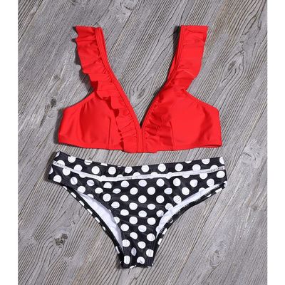 Muteiki Women Printed Ruffled Bikini Swimwear Push up Swimsuit High Waist Biquini Halter Backless Bathing Suit Beach Wear W/red/Medium