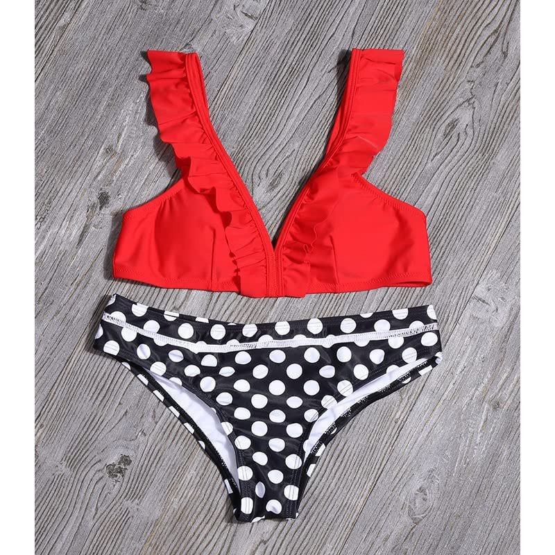 Muteiki Women Printed Ruffled Bikini Swimwear Push up Swimsuit High Waist Biquini Halter Backless Bathing Suit Beach Wear W/red/Medium