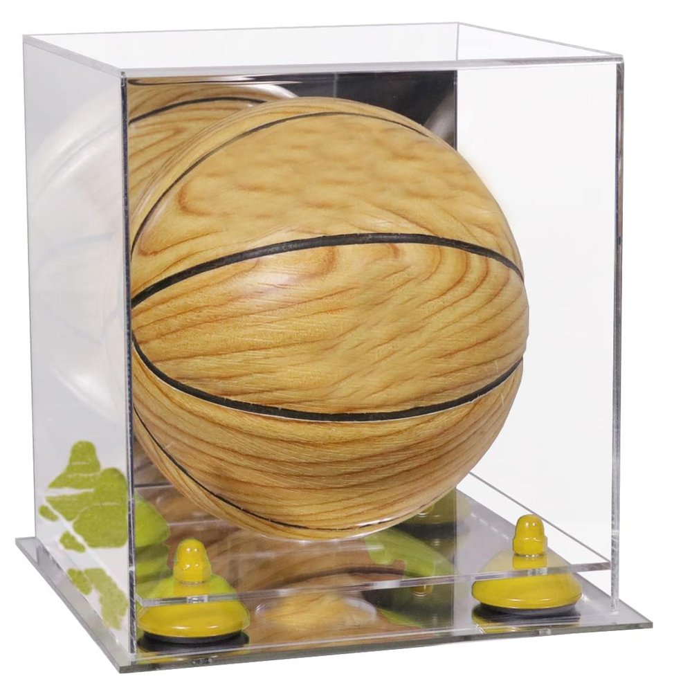 Better Display Cases Acrylic Mini - Miniature (not Full Size) Basketball Display Case with Mirror Case, Yellow Risers and Mirror Base (B03/A015)