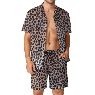 Adugen Origei Men's Leopard Button-Up Shirt Hawaiian Shirt Party Beach Suit Dry Surfing Beach Shorts with Pockets S