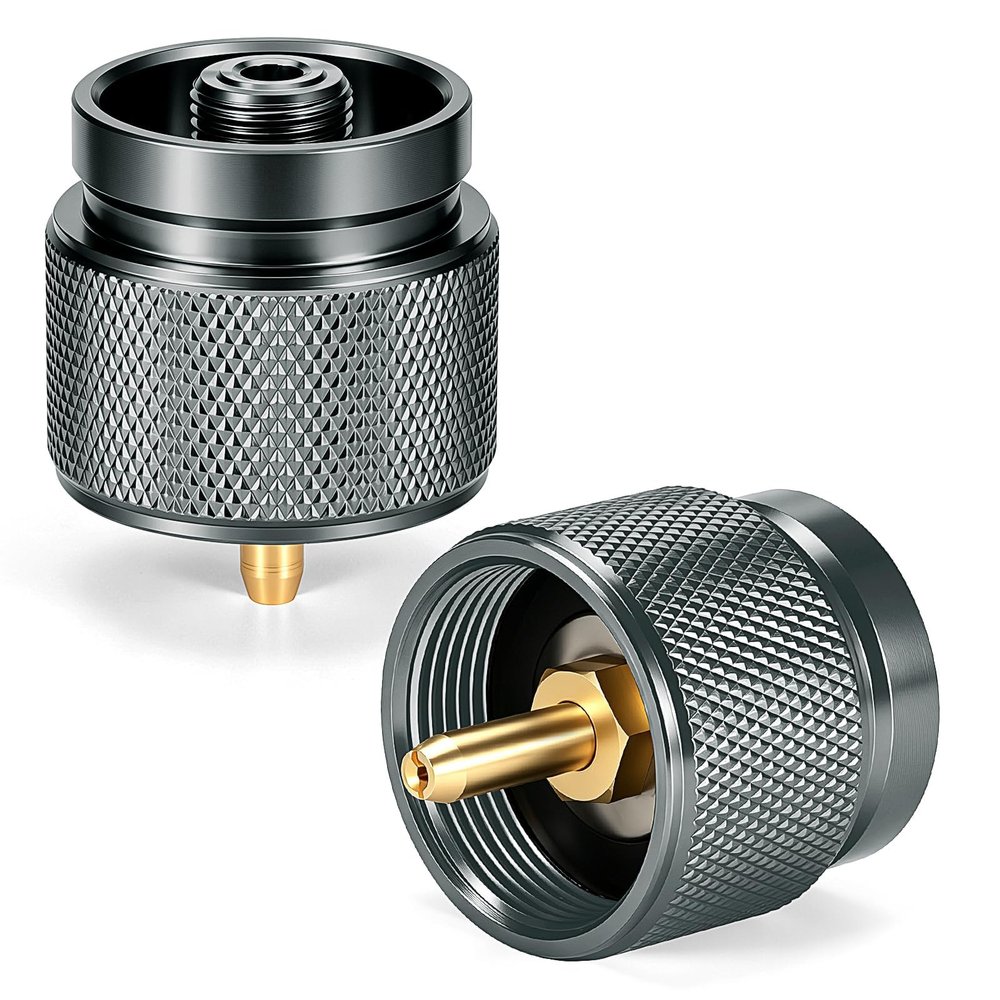SEADESKY 2Pcs Camping Stove Adapter Propane to Butane Adapter 1 Lb Propane Small Tank Input EN417 Lindal Valve Output Gas Adapter Converter Outdoor Cylinder LPG Canister Convert