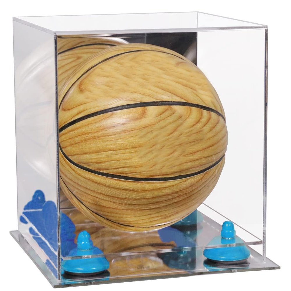 Better Display Cases Acrylic Mini - Miniature (not Full Size) Basketball Display Case with Mirror Case, Light Blue Risers and Mirror Base (B03/A015)