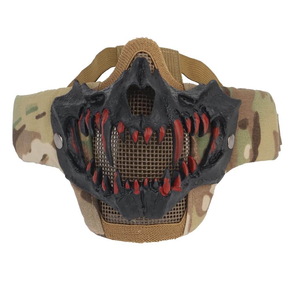 Airsoft Half Face Skull Horror Mask, Tactical Foldable Mesh Skull Mask for Halloween CS Hunting Paintball Gear
