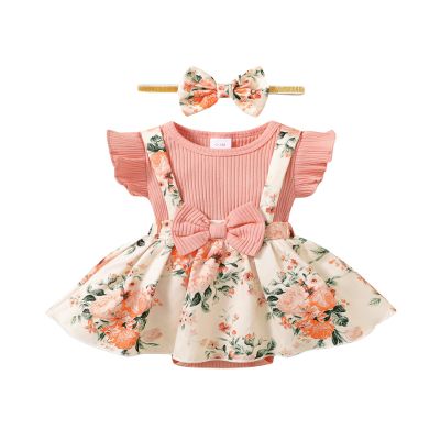 HIGHUZZA Baby Girl Clothes 6-12 Months Newborn Dress Summer Romper Onesie Infant Outfits Short Sleeve Floral Suspender Headband Overall Skirt Set Light Pink