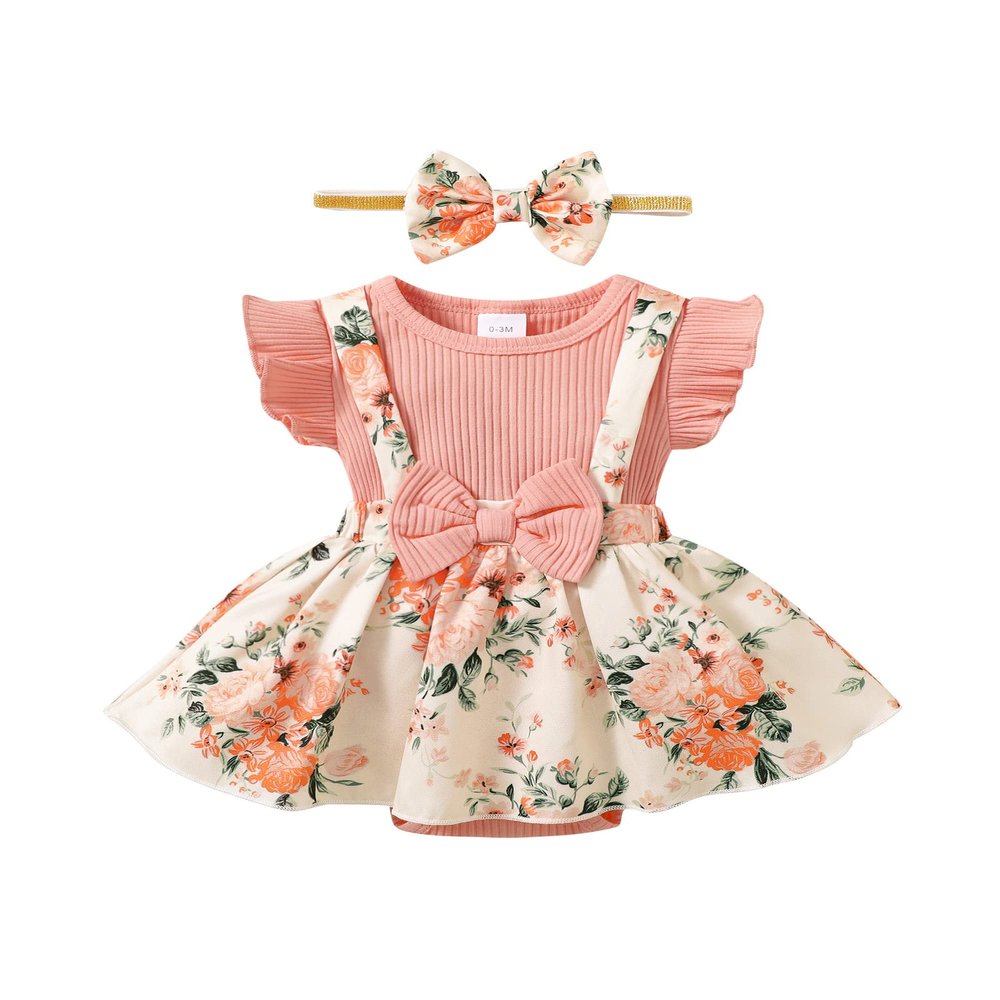 HIGHUZZA Baby Girl Clothes 6-12 Months Newborn Dress Summer Romper Onesie Infant Outfits Short Sleeve Floral Suspender Headband Overall Skirt Set Light Pink