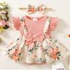 HIGHUZZA Baby Girl Clothes 6-12 Months Newborn Dress Summer Romper Onesie Infant Outfits Short Sleeve Floral Suspender Headband Overall Skirt Set Light Pink view 2