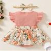 HIGHUZZA Baby Girl Clothes 6-12 Months Newborn Dress Summer Romper Onesie Infant Outfits Short Sleeve Floral Suspender Headband Overall Skirt Set Light Pink view 3