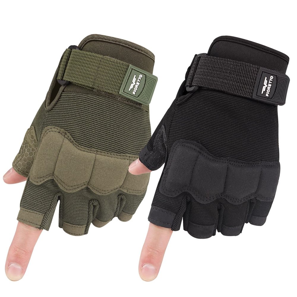 FIORETTO Fingerless Gloves, Airsoft Gloves, Half Finger Gloves for Driving, Cycling, Shooting, Hunting, Motorcycle, Climbing, Outdoor Work 2 Pairs(Black+Green) Medium