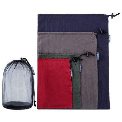 EXERMIL Nylon Stuff Sack Set 5-Piece (1.4L/2.7L/3L/7.5L/15L); Drawstring Storage Sack; Mesh Bags; Ditty Bags Small M Large XL for Organization Travel Camping Backpacking Down Jacket; Assorted Colors