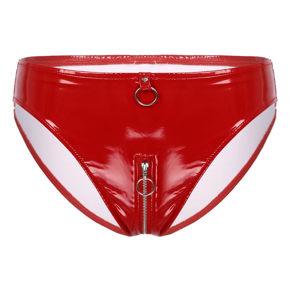 Loloda Women's Sexy Leather Wetlook High-Waisted Booty Shorts Hot Pants Night Party Clubwear O Ring Red Medium