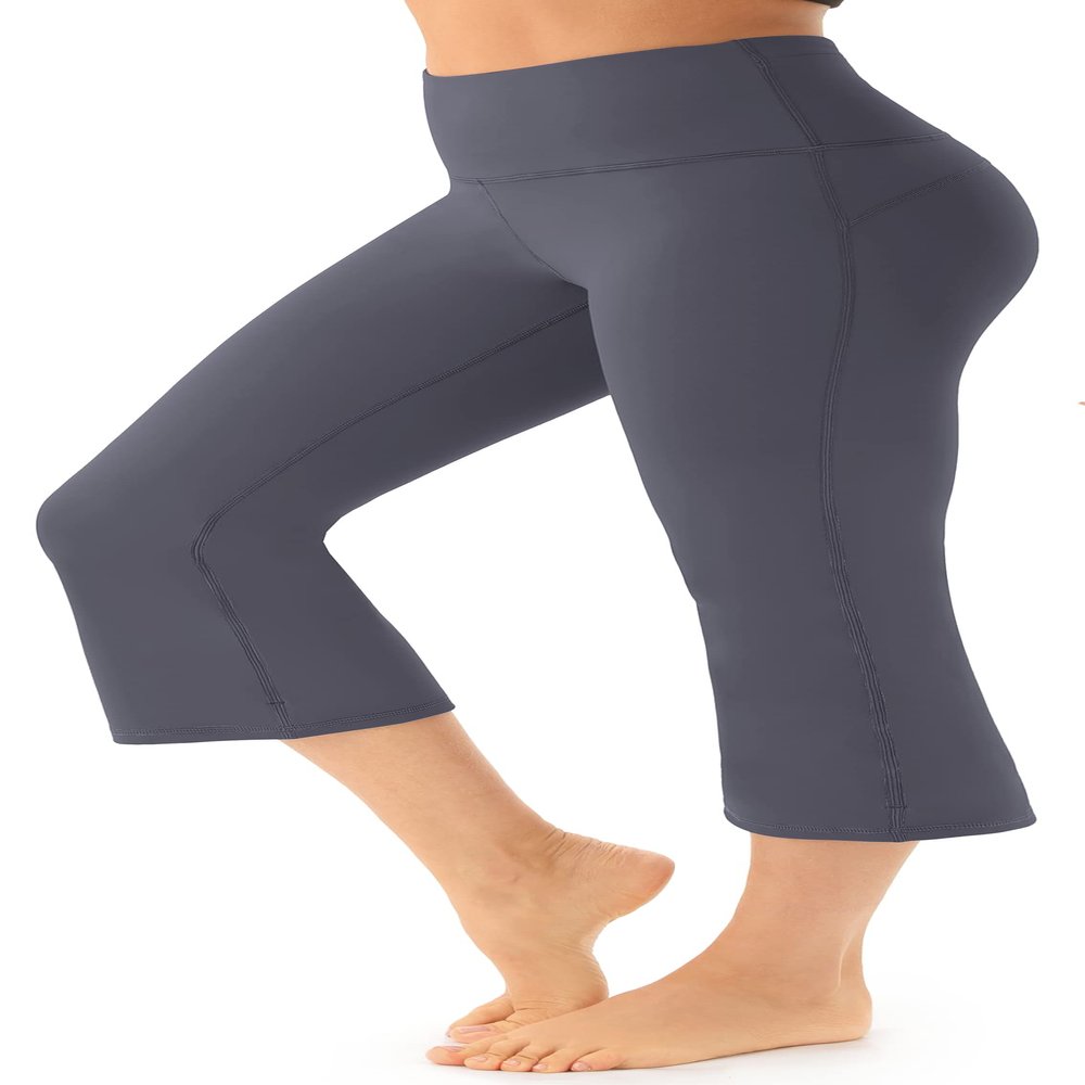 AFITNE Capri Pants for Women Bootcut Yoga Pants with Pockets High Waisted Flare Workout Bootleg Printed Yoga Crop Flared Athletic Gym Pants Grey - S