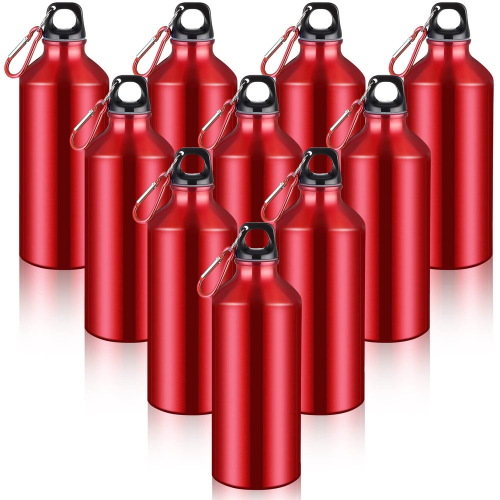 CHENGU 10 Pcs Aluminum Water Bottle 20 oz Reusable Bottles Lightweight Leak Proof Aluminum Sports Travel Bottles with Twist Cap Buckle for Gym, Hiking, Cycling, Camping, Fishing (Red)