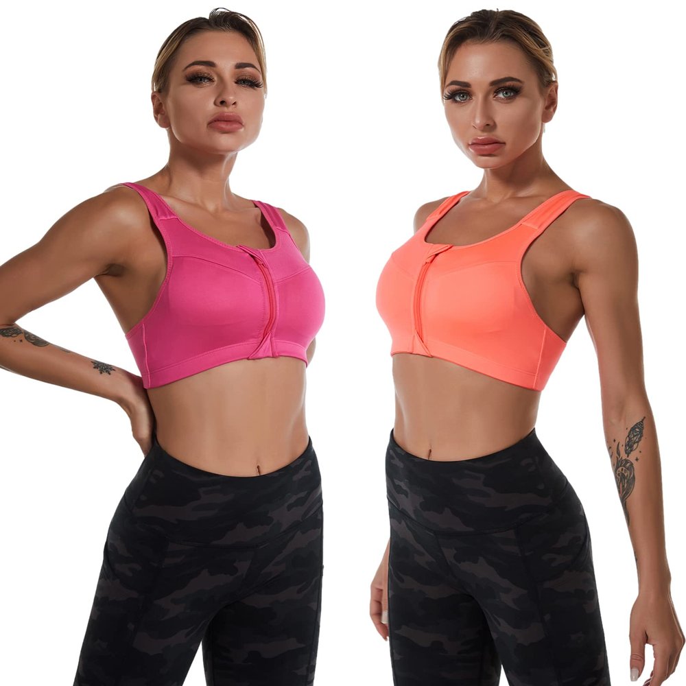 ANUFER Womens Plus Size 2 Pack High Impact Sports Bra - Zip Front - Wirefree and Removable Pads - Racerback Yoga Sports Tank Top Fuchsia + Orange XL