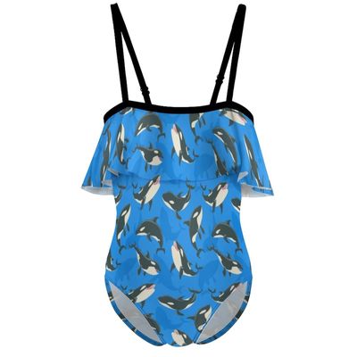 BAIKUTOUAN Killer Whales Orca Whale Girls' One Piece Swimsuit Adjustable Off Shoulder Bathing Suit Beach Ruffle Swimwear 9-11Y140cm