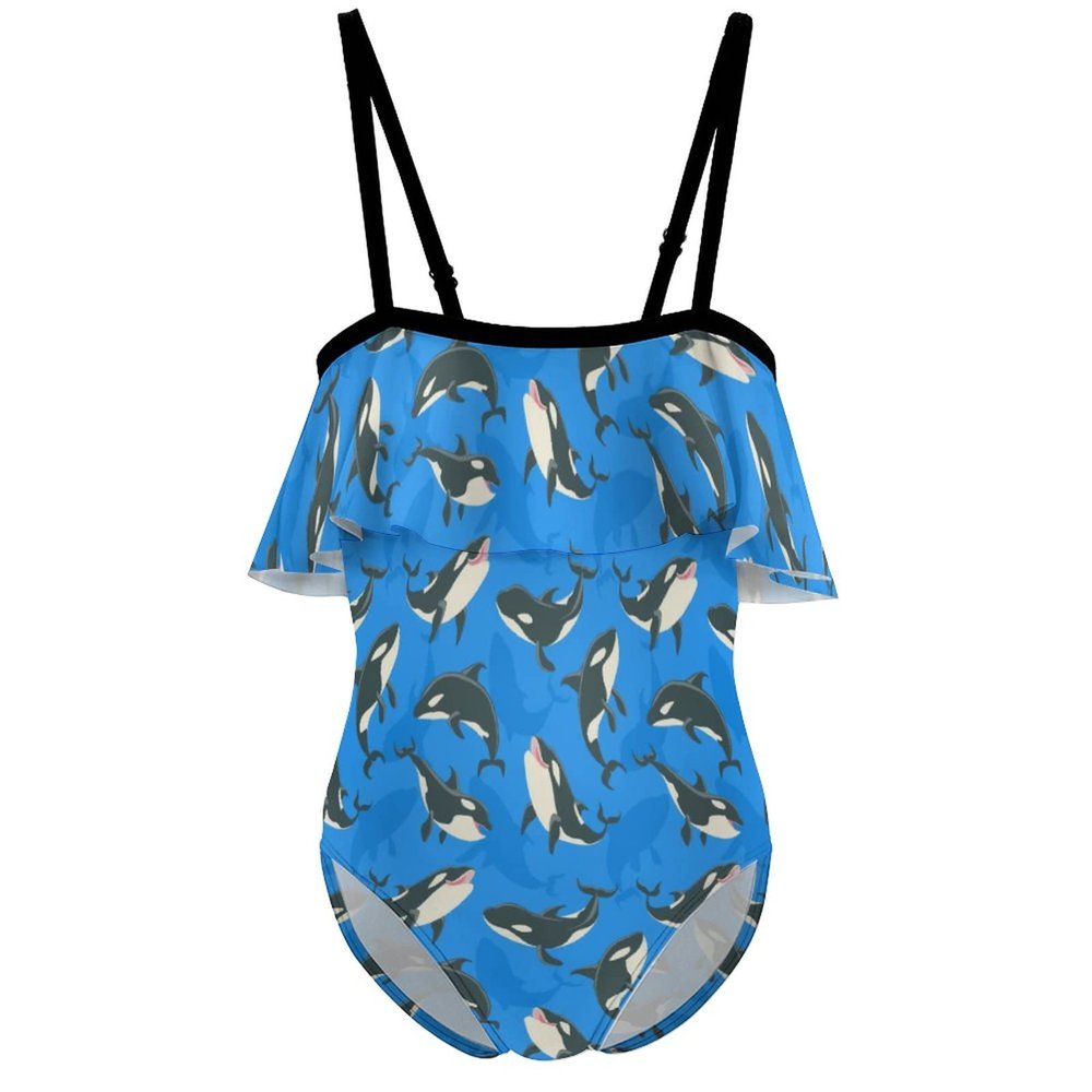 BAIKUTOUAN Killer Whales Orca Whale Girls' One Piece Swimsuit Adjustable Off Shoulder Bathing Suit Beach Ruffle Swimwear 9-11Y140cm