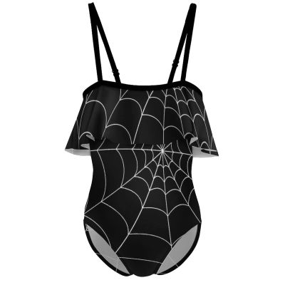 BAIKUTOUAN Goth Spider Web Girls' One Piece Swimsuit Adjustable Off Shoulder Bathing Suit Beach Ruffle Swimwear 6-7Y110cm