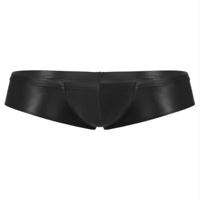 Linjinx Men's Oily Glossy Cheeky 1/2 Back Coverage Bulge Boxers Enhancing Pouch Skimpy Underwear Black Medium
