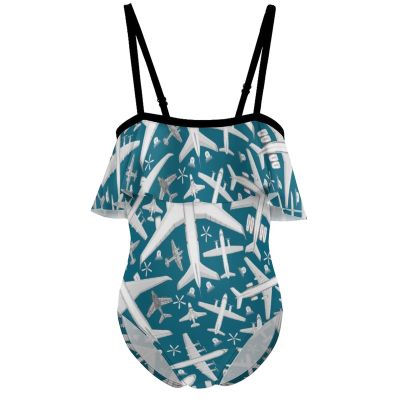 BAIKUTOUAN Plane Aircraft Airplane Jet Girls' One Piece Swimsuit Adjustable Off Shoulder Bathing Suit Beach Ruffle Swimwear 8-10Y130cm