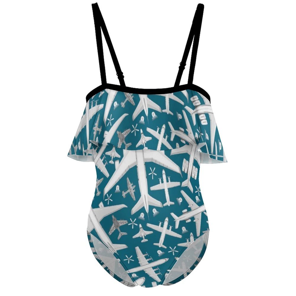 BAIKUTOUAN Plane Aircraft Airplane Jet Girls' One Piece Swimsuit Adjustable Off Shoulder Bathing Suit Beach Ruffle Swimwear 8-10Y130cm
