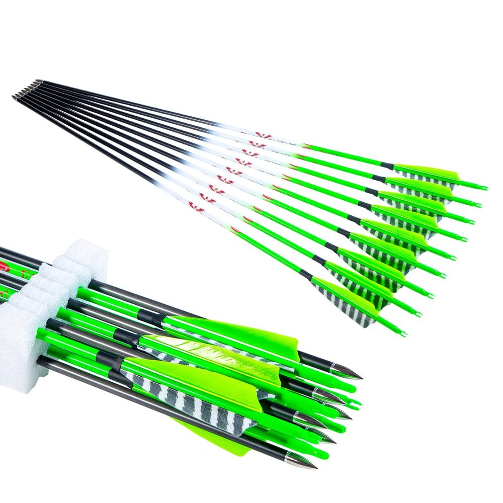QunYing 300 340 400 500 600 Spine Traditional Archery Carbon Feather Arrows 31 Inch for Recurve Compound Bow Longbow Hunting Targets Arrow 12PCS Green 340