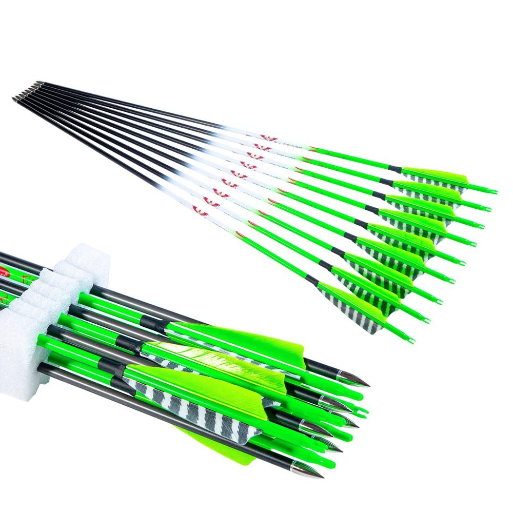 QunYing 300 340 400 500 600 Spine Traditional Archery Carbon Feather Arrows 31 Inch for Recurve Compound Bow Longbow Hunting Targets Arrow 12PCS Green 300