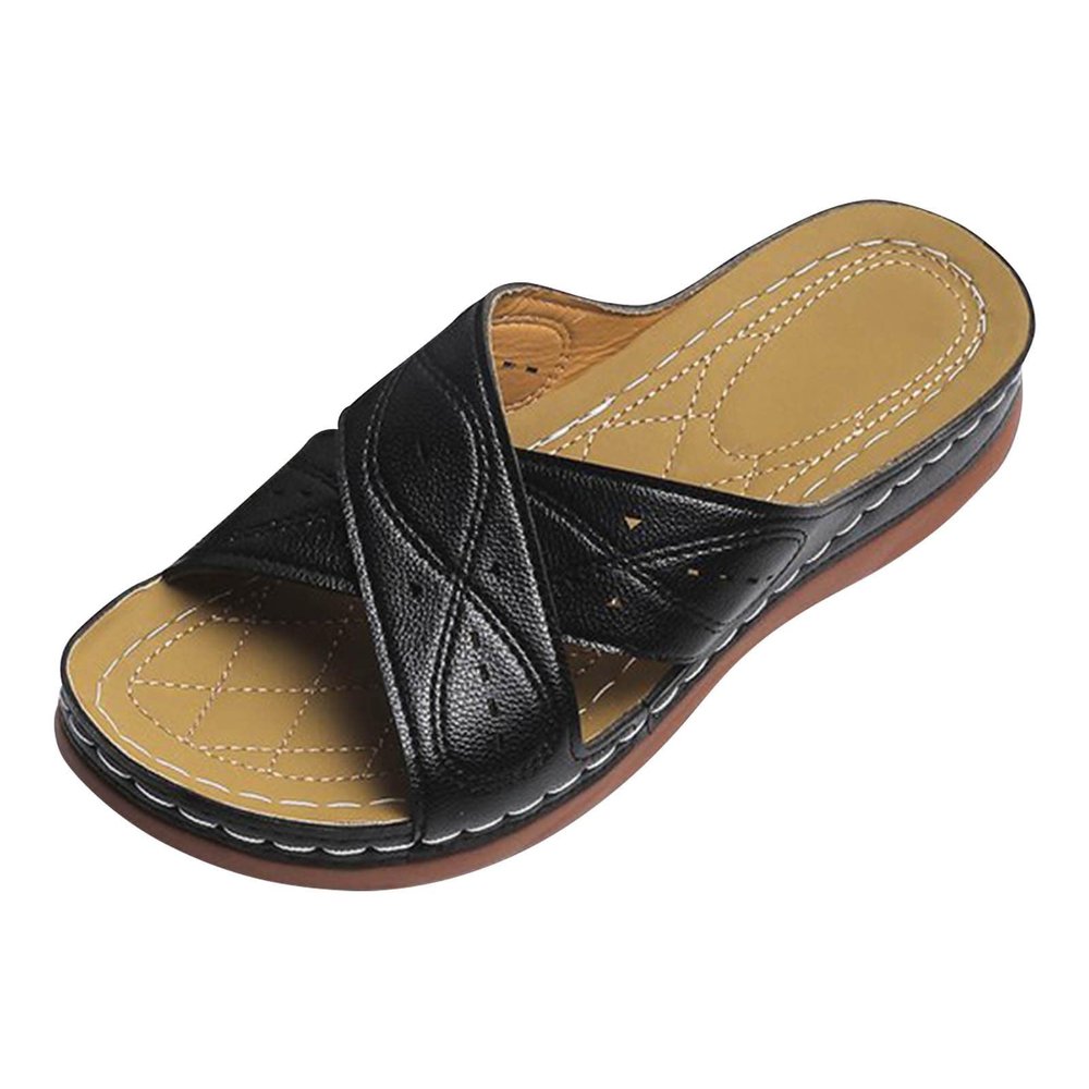 Womens Summer Slip on Sandals Fashion Casual Cross Straps Open Toe Wedge Platform Slipper Comfortable Sewing Thread Outdoor Ladies Shoes Flip Flops Black