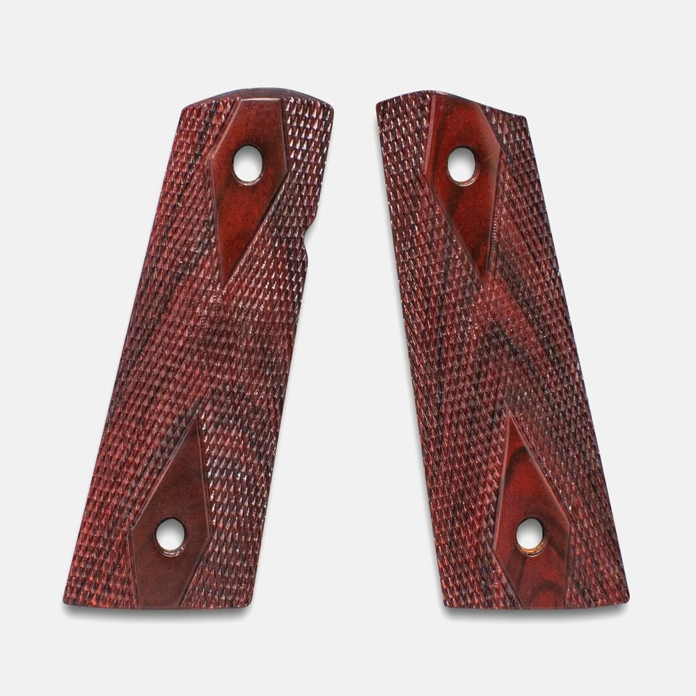 Fusion Firearms 1911 Officer Grips, Red Cocobolo, Double Diamond Checkered, Mag-Well Bottom