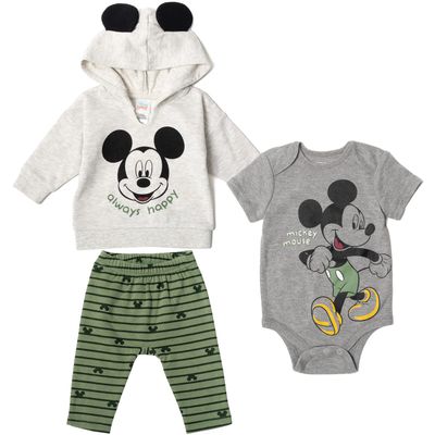 Disney Mickey Mouse Newborn Baby Boy or Girl 3 Piece Outfit Set: Pants Hoodie Bodysuit Grey/White Newborn