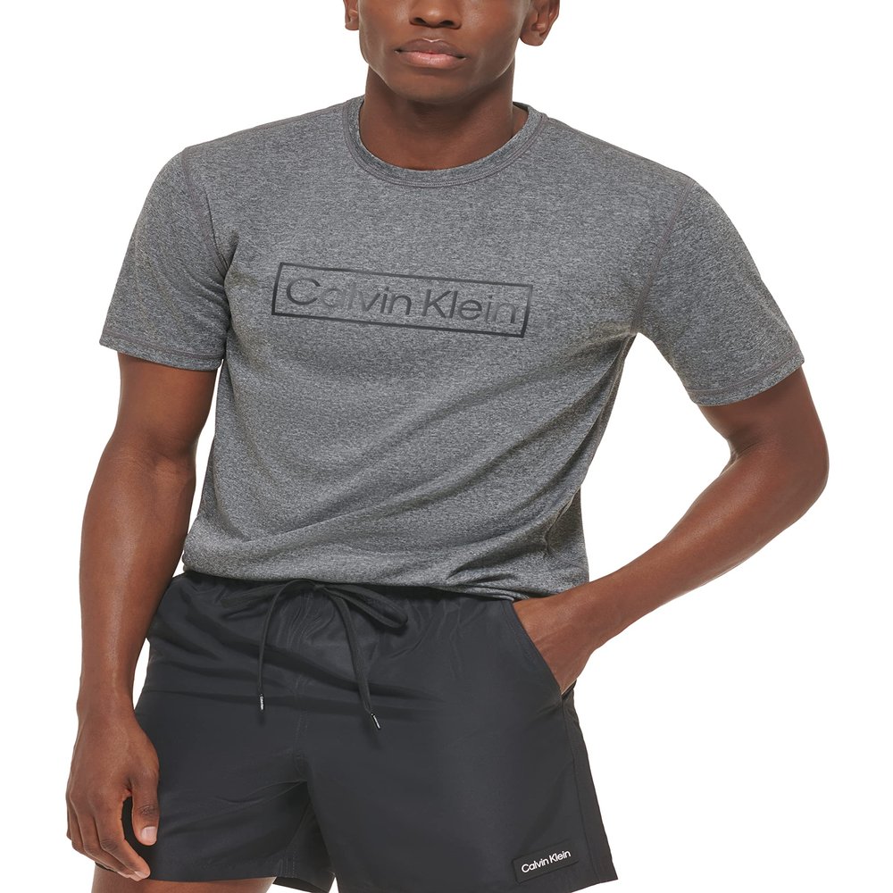 Calvin Klein Men's Standard Light Weight Quick Dry Short Sleeve 40+ UPF Protection Active Top, Grey Heather Logo, Medium