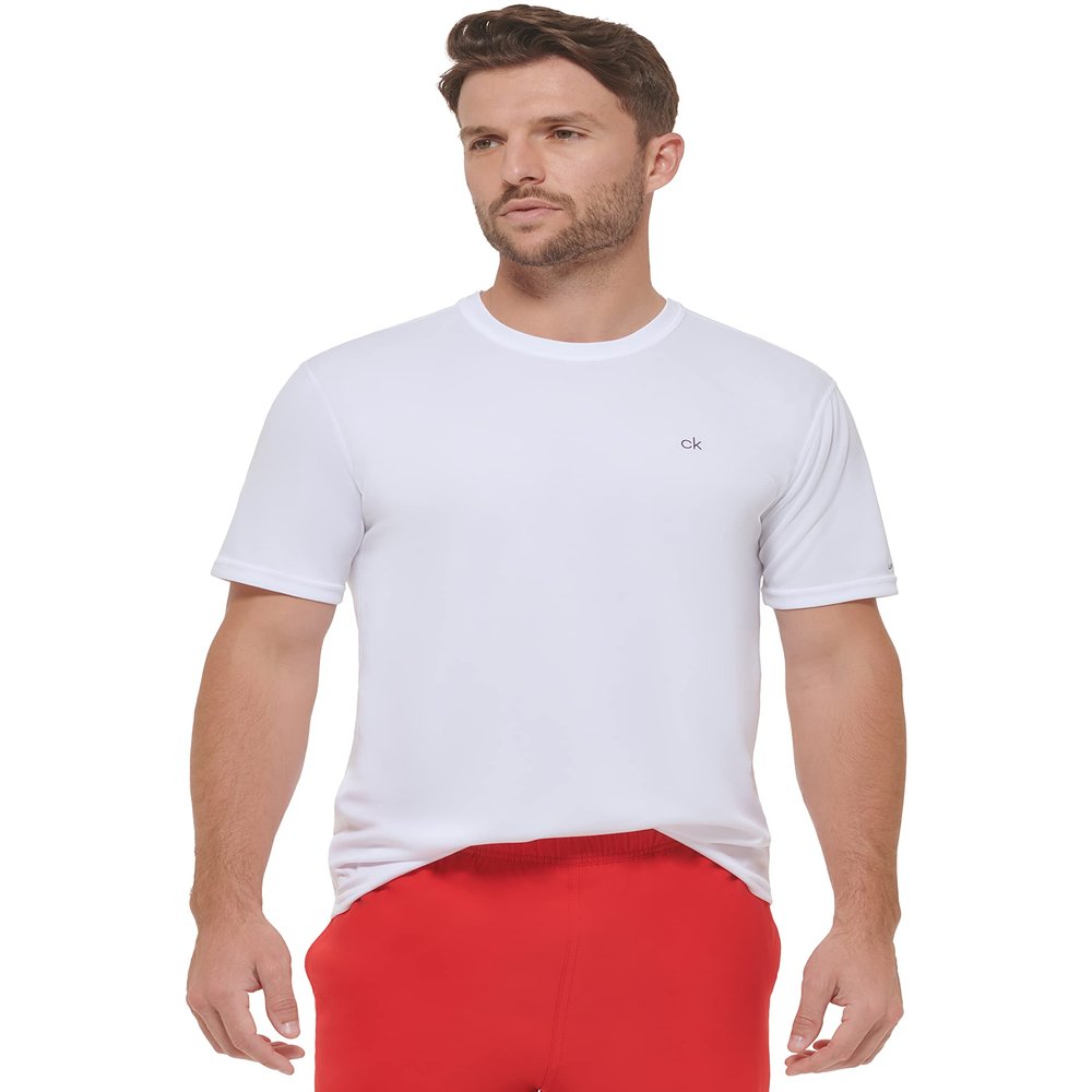Calvin Klein Men's Standard Light Weight Quick Dry Short Sleeve 40+ UPF Protection Active Top, White, Medium