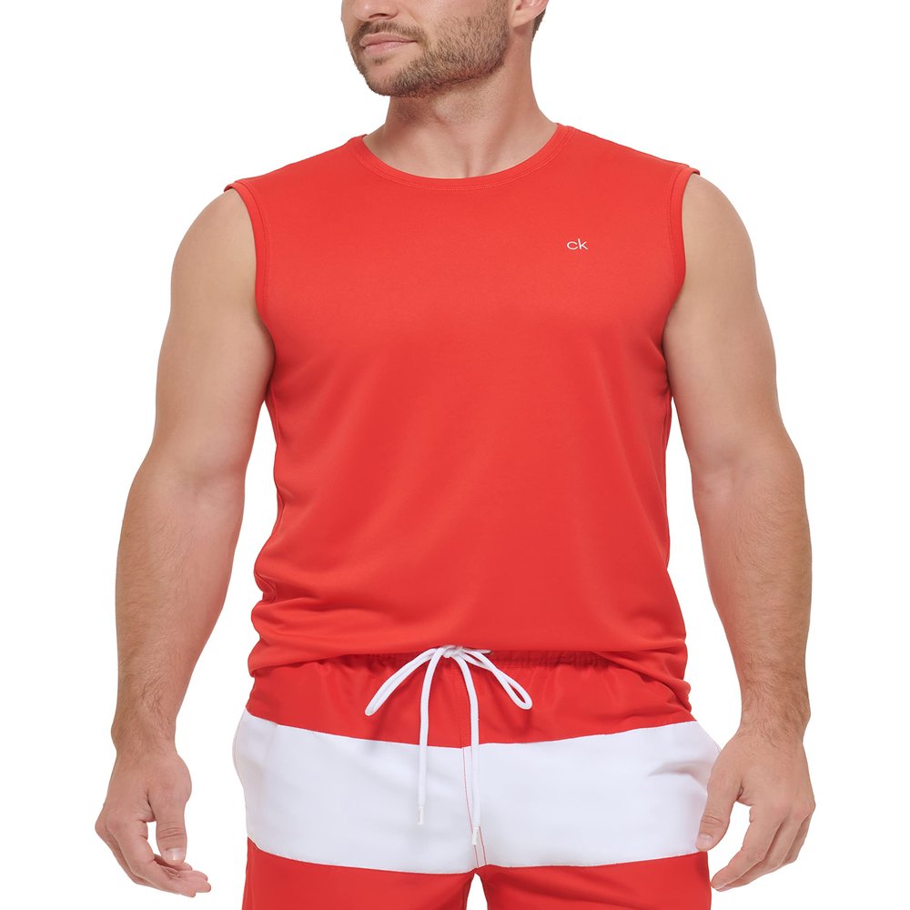 Calvin Klein Men's Standard Light Weight Quick Dry Sleeveless 40+ UPF Protection Active Top, Red, Medium