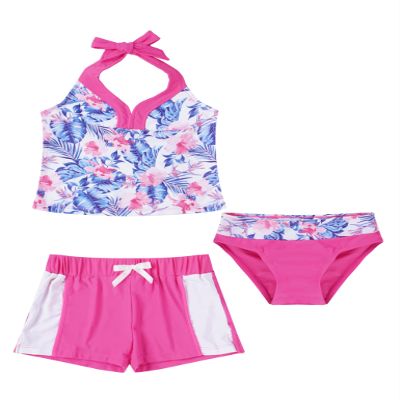 Moggemol Kids Girls 3 Piece Tankini Swimsuit Floral Print Top with Boyshorts Bottoms Bathing Suit Swimwear Fuscia 4 Years