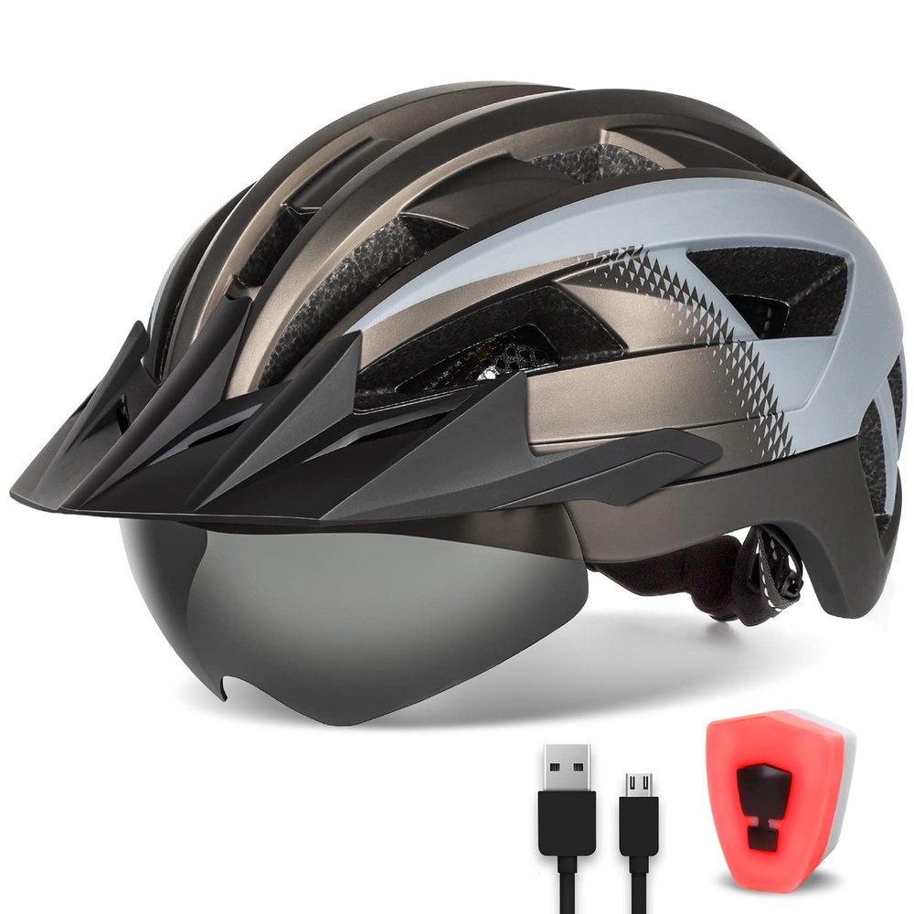 FUNWICT Adult Bike Helmet with Visor and Goggles for Men Women Mountain Road Bicycle Helmet Rechargeable Rear Light Cycling Helmet (M: 54-58 cm (21.3-22.8 inches), Ti Grey)