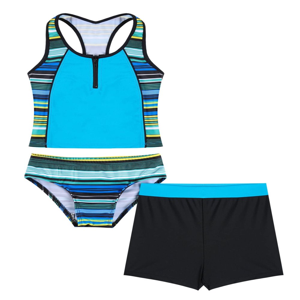 Moggemol Kids Girls 3 Piece Tankini Swimsuit Floral Print Top with Boyshorts Bottoms Bathing Suit Swimwear Cerulean 4 Years