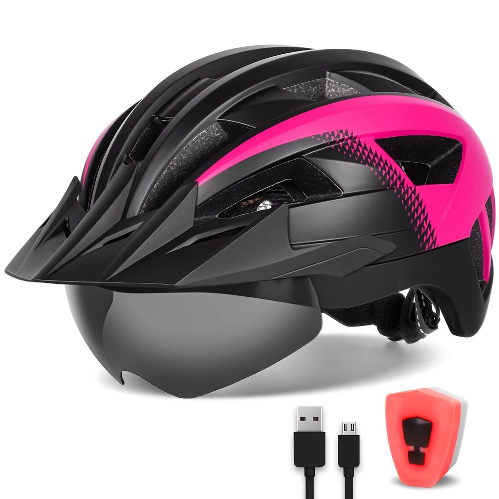 FUNWICT Adult Bike Helmet with Visor and Goggles for Men Women Mountain Road Bicycle Helmet Rechargeable Rear Light Cycling Helmet (M: 54-58 cm (21.3-22.8 inches), Black Pink)