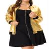 Agnes Orinda Women's Plus Size Metallic Jackets Sparkle Holographic Shiny Zip-Up With Pockets Bomber Jacket 2024 1X Golden view 1