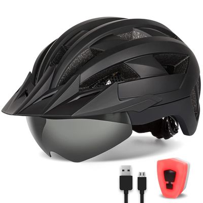 FUNWICT Adult Bike Helmet with Visor and Goggles for Men Women Mountain Road Bicycle Helmet Rechargeable Rear Light Cycling Helmet (M: 54-58 cm (21.3-22.8 inches), Black)