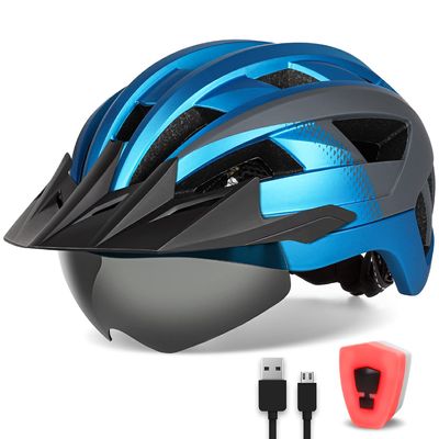 FUNWICT Adult Bike Helmet with Visor and Goggles for Men Women Mountain Road Bicycle Helmet Rechargeable Rear Light Cycling Helmet (XL: 59-63 cm (23.2-24.8 inches), Blue Grey)